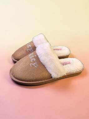 Juicy Couture Crystal Embellished Faux Fur Slippers - Rose Gold, Size L